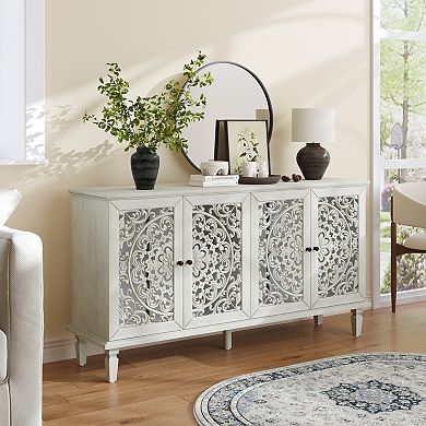 Merax Antique Solid Wood TV Stand Buffet Cabinet Floral Carvings & Versatile Storage