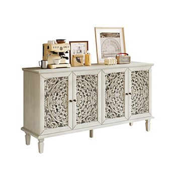Merax Antique Solid Wood TV Stand Buffet Cabinet Floral Carvings & Versatile Storage
