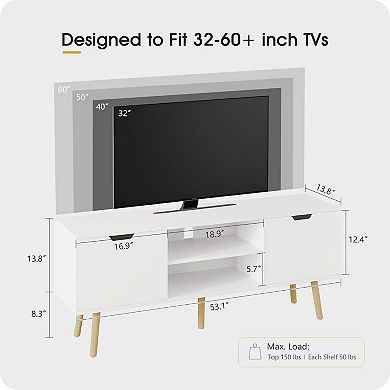 ZUQIETA White TV Stand for 50-60"TVs-2 Cabinets&Open Shelves Media Console,22"Height