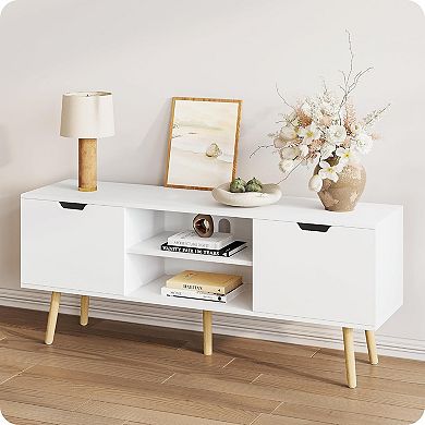 ZUQIETA White TV Stand for 50-60"TVs-2 Cabinets&Open Shelves Media Console,22"Height