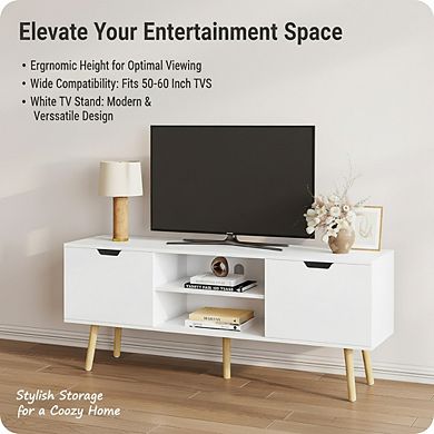 ZUQIETA White TV Stand for 50-60"TVs-2 Cabinets&Open Shelves Media Console,22"Height