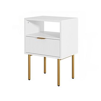 ZUQIETA Modern Nightstand with Drawer & Open Shelf - White & Gold Metal Frame for Small Spaces