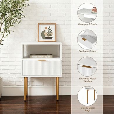 ZUQIETA Modern Nightstand with Drawer & Open Shelf - White & Gold Metal Frame for Small Spaces