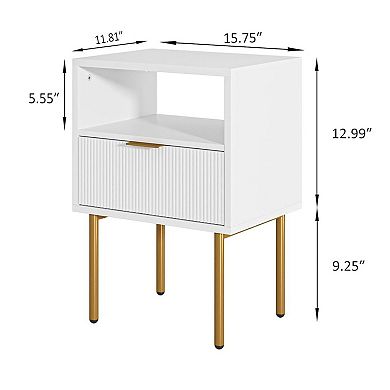 ZUQIETA Modern Nightstand with Drawer & Open Shelf - White & Gold Metal Frame for Small Spaces
