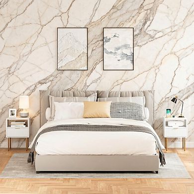 ZUQIETA Modern Nightstand with Drawer & Open Shelf - White & Gold Metal Frame for Small Spaces