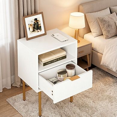 ZUQIETA Modern Nightstand with Drawer & Open Shelf - White & Gold Metal Frame for Small Spaces