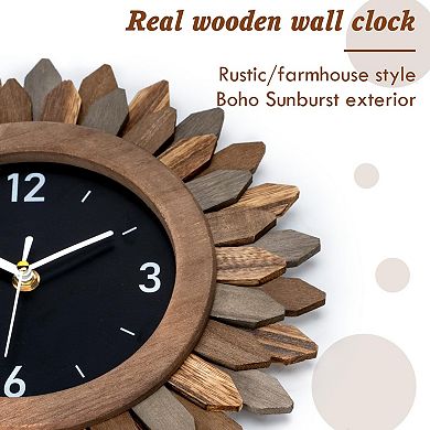 Boho Sunburst Silent Wall Clock: Rustic Decor for Living Room, Kitchen, Bathroom, Bedroom