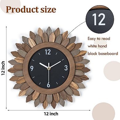 Boho Sunburst Silent Wall Clock: Rustic Decor for Living Room, Kitchen, Bathroom, Bedroom