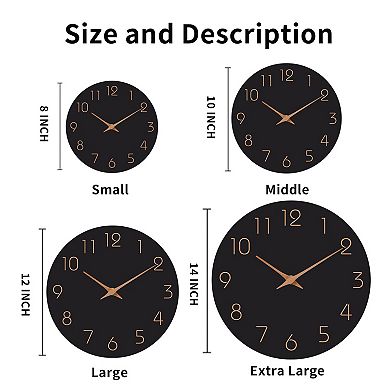 10" Silent Non-Ticking Black MDF Wall Clock with Rose Numbers: Home Decor for Living Room, Kitchen