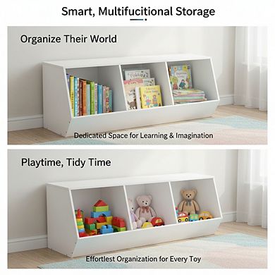 ZUQIETA Kids' Toy Storage Bookshelf - 35.4" L Bed Footboard & Storage Cubby, White