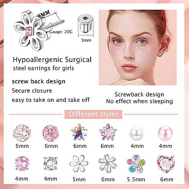 ZUQIETA 12-Pair Hypoallergenic Earrings - Surgical Steel Screw Back Studs for Sensitive Ears