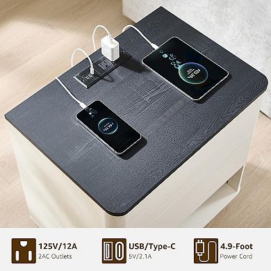 ZUQIETA Nightstand with Charging Station - 22" Push-to-Open 2 Drawer End Table, White