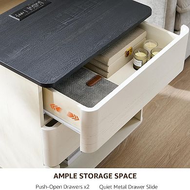 ZUQIETA Nightstand with Charging Station - 22" Push-to-Open 2 Drawer End Table, White