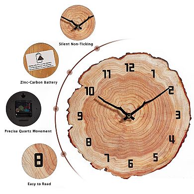 12" Silent Wooden Wall Clock: Rustic Decor for Home, Bathroom, Kitchen, Bedroom, Living Room