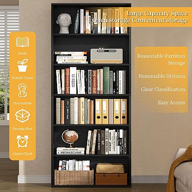 6-Tier Rustic Black Bookshelf: 70.6" Tall, Space-Saving, Multi-Room Use, Easy Assembly