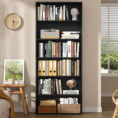 6-Tier Rustic Black Bookshelf: 70.6" Tall, Space-Saving, Multi-Room Use, Easy Assembly
