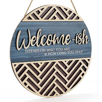 Funny Welcome Sign Plaque for Home Decor: Rustic 12"x12" Hanging Wall Art for Farmhouse, Porch