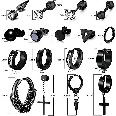 ZUQIETA 17-Pair Earring Set for Men - Stainless Steel