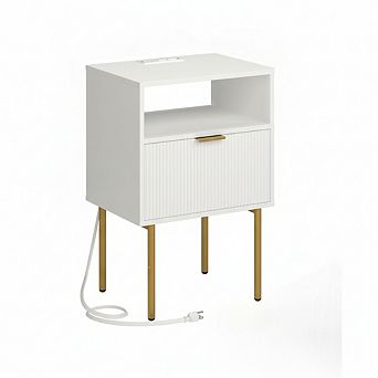ZUQIETA Modern Nightstand with Charging Station & LED Lights, White Fluted Bedside Table
