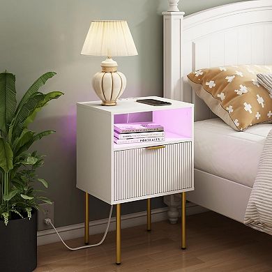 ZUQIETA Modern Nightstand with Charging Station & LED Lights, White Fluted Bedside Table