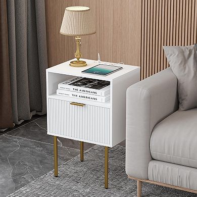 ZUQIETA Modern Nightstand with Charging Station & LED Lights, White Fluted Bedside Table