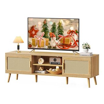 Boho Style TV Stand for 65" TV with Adjustable Shelf, Rattan Design, 2 Cabinets, Solid Wood Feet, 4