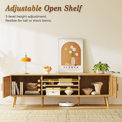 Boho Style TV Stand for 65" TV with Adjustable Shelf, Rattan Design, 2 Cabinets, Solid Wood Feet, 4