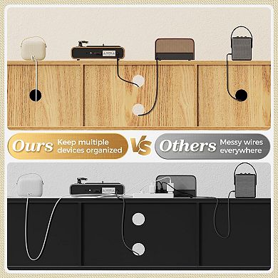 Boho Style TV Stand for 65" TV with Adjustable Shelf, Rattan Design, 2 Cabinets, Solid Wood Feet, 4