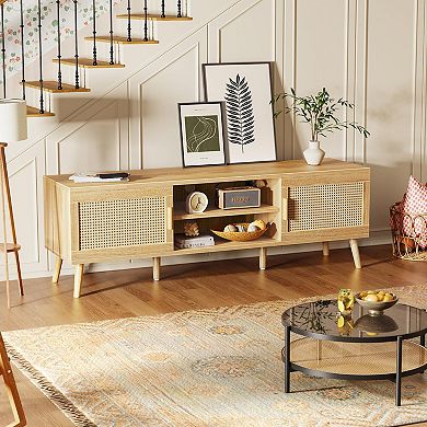 Boho Style TV Stand for 65" TV with Adjustable Shelf, Rattan Design, 2 Cabinets, Solid Wood Feet, 4