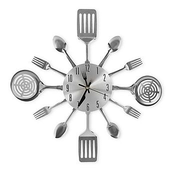 16" Silent Cutlery Wall Clock: Spoon & Fork Dial, Easy Read, Battery Operated, Perfect for Kitchens