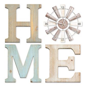 Farmhouse Wall Decor: Rustic Letters and Windmill Clock for Home (H, M, E, O)