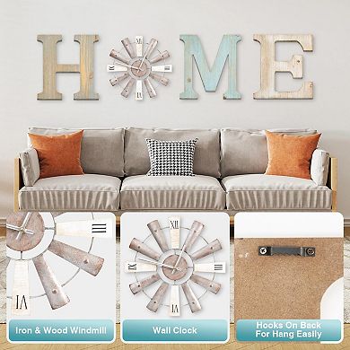 Farmhouse Wall Decor: Rustic Letters and Windmill Clock for Home (H, M, E, O)