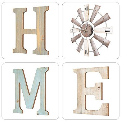 Farmhouse Wall Decor: Rustic Letters and Windmill Clock for Home (H, M, E, O)