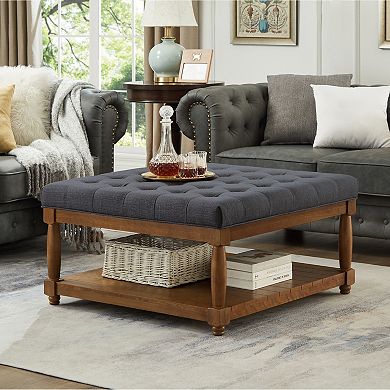 Merax Large Square Upholstered Tufted Linen Ottoman Coffee Table