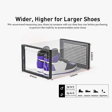 12 Pack Clear Plastic Stackable Shoe Storage Bins: Fits Max Size 12 Shoes, Multi-Purpose, Breathable