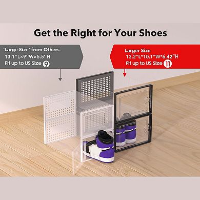 12 Pack Clear Plastic Stackable Shoe Storage Bins: Fits Max Size 12 Shoes, Multi-Purpose, Breathable
