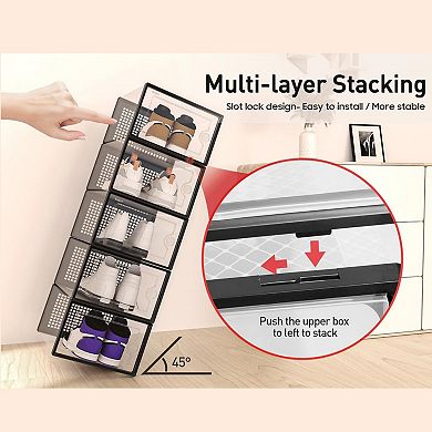 12 Pack Clear Plastic Stackable Shoe Storage Bins: Fits Max Size 12 Shoes, Multi-Purpose, Breathable