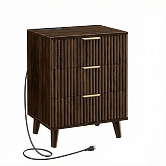 ZUQIETA Walnut Fluted Nightstand Set of 2 with Charging Station & 3 Drawers, 20" Tall