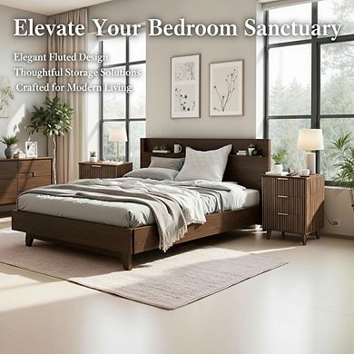 ZUQIETA Walnut Fluted Nightstand Set of 2 with Charging Station & 3 Drawers, 20" Tall