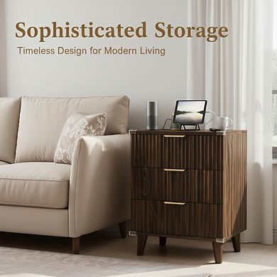 ZUQIETA Walnut Fluted Nightstand Set of 2 with Charging Station & 3 Drawers, 20" Tall
