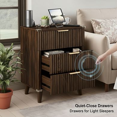 ZUQIETA Walnut Fluted Nightstand Set of 2 with Charging Station & 3 Drawers, 20" Tall