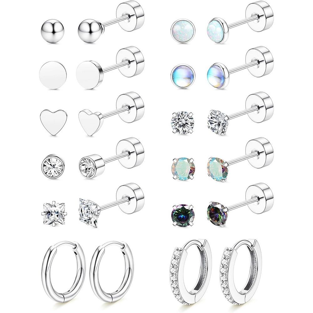 ZUQIETA Flat Back Earring Stack Set - Small Studs & Hoops for Cartilage