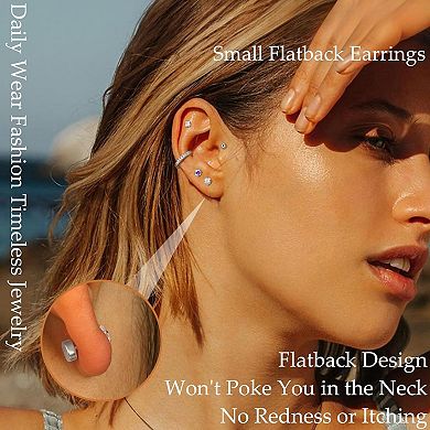 ZUQIETA Flat Back Earring Stack Set - Small Studs & Hoops for Cartilage