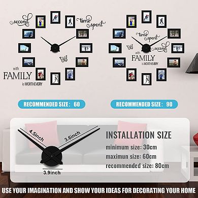 DIY Wall Clock with 5" Black Frames, Modern Family Quote Stickers for Home Decor