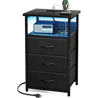 ZUQIETA Smart Charging Nightstand - with AC Outlets, USB Ports & 3 Fabric Drawers, Black