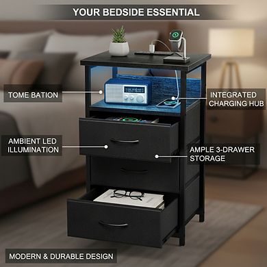 ZUQIETA Smart Charging Nightstand - with AC Outlets, USB Ports & 3 Fabric Drawers, Black