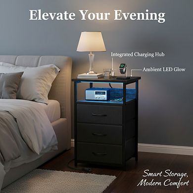 ZUQIETA Smart Charging Nightstand - with AC Outlets, USB Ports & 3 Fabric Drawers, Black