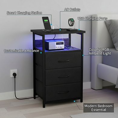 ZUQIETA Smart Charging Nightstand - with AC Outlets, USB Ports & 3 Fabric Drawers, Black