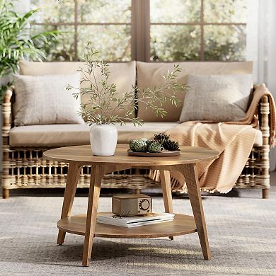 Round Coffee Table 2-Tier Honey Brown 31.5 Dia. x 17.7 H Easy Assembly