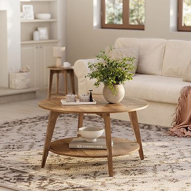Round Coffee Table 2-Tier Honey Brown 31.5 Dia. x 17.7 H Easy Assembly